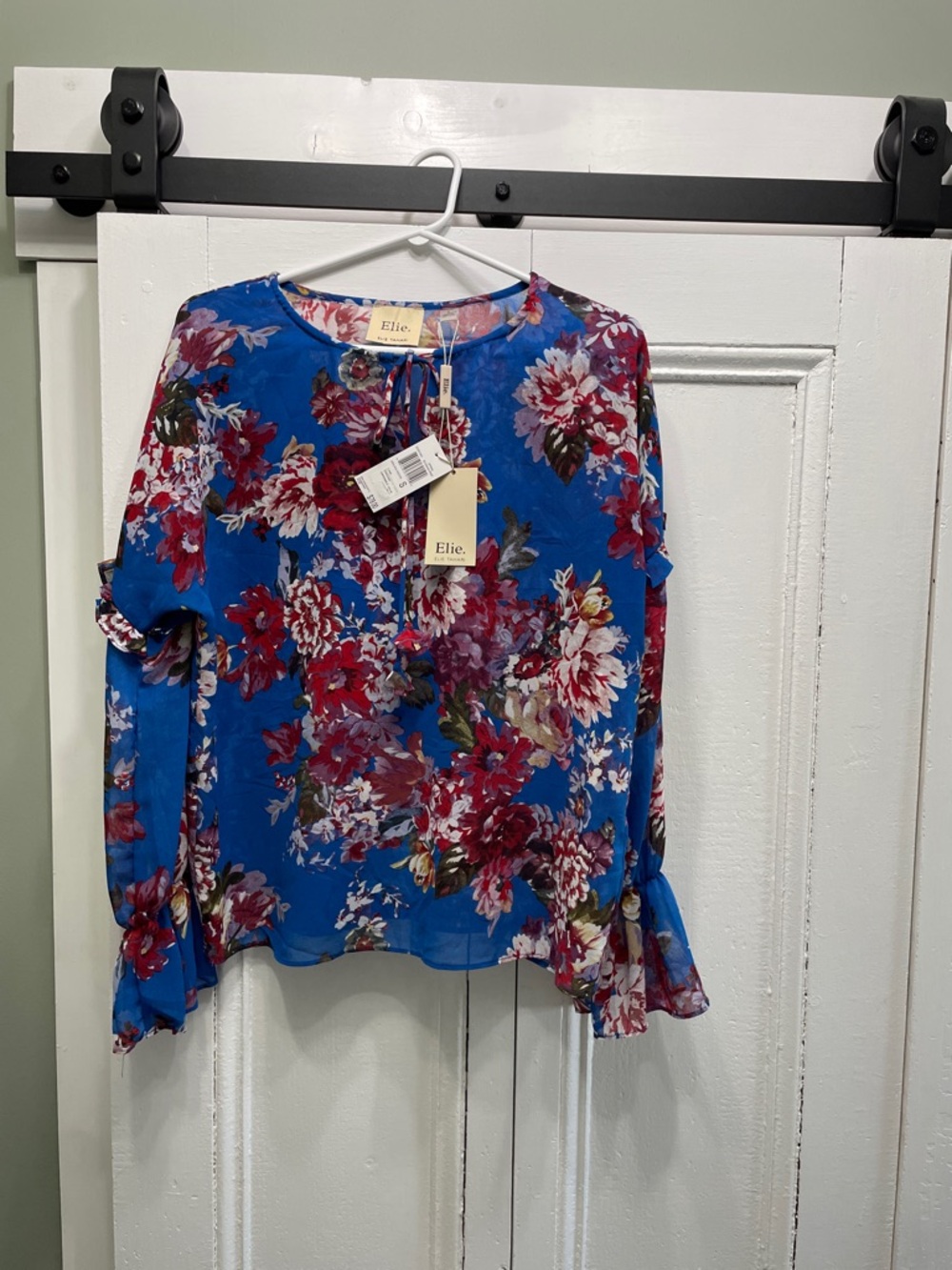Elie Tahari Royal Blue Floral Tie-Neck Blouse Shirt Top Small 4 6